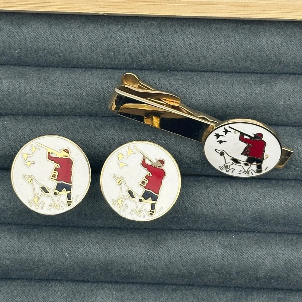 Vintage Swank Gold Tone Enamel Cufflinks Tie‎ Clip Duck Hunting Hunter Dog Birds