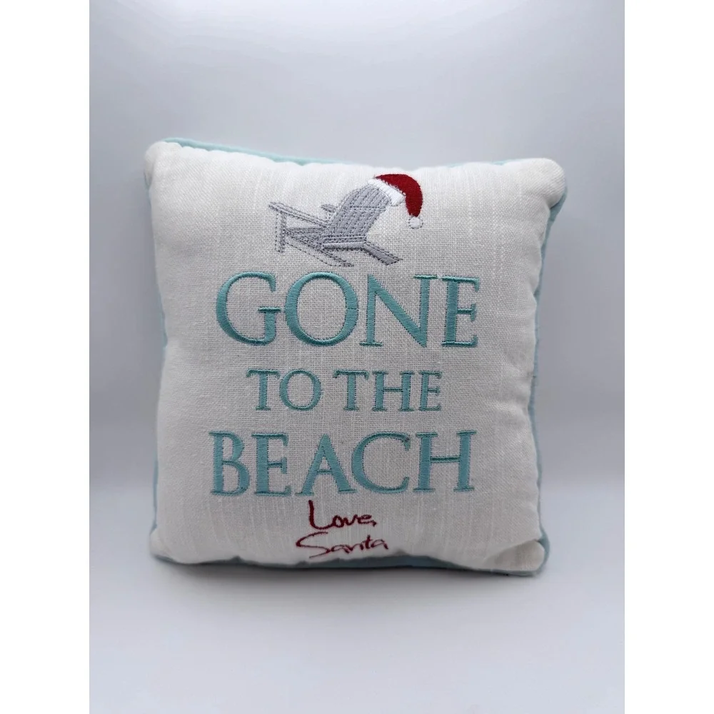 Gone to the Beach Embroidered White Decorative Pillow Light Blue‎ Trim