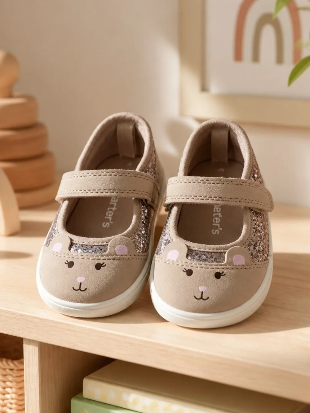 Carter's Tan Mary Jane Shoes with Bear Face and Sparkle