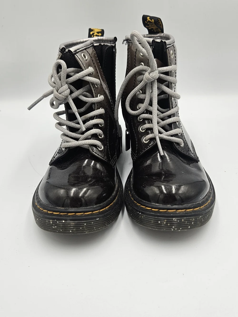 Dr. Martens Kids Black Patent Lace-Up Boots with Gray Laces