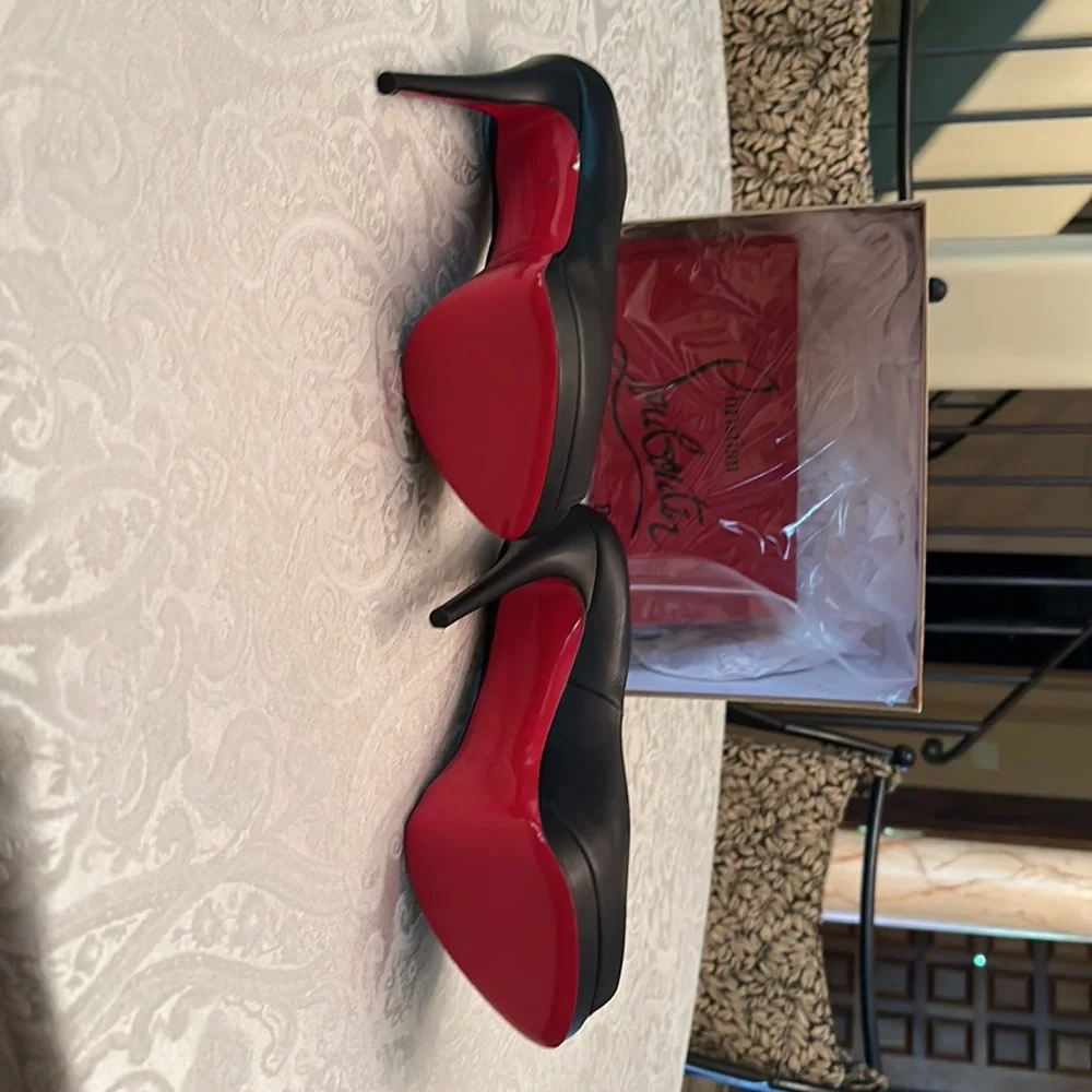 Christian Louboutin Black Leather Peep-Toe Platform Pumps with Red Soles