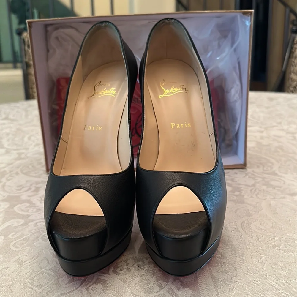 Christian Louboutin Black Leather Peep-Toe Platform Pumps with Red Soles
