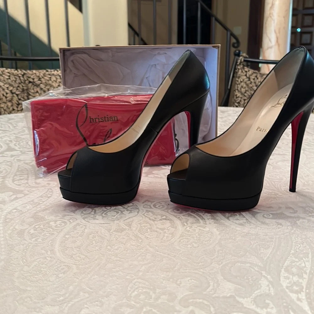 Christian Louboutin Black Leather Peep-Toe Platform Pumps with Red Soles