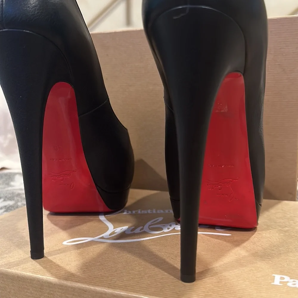 Christian Louboutin Black Leather Peep-Toe Platform Pumps with Red Soles