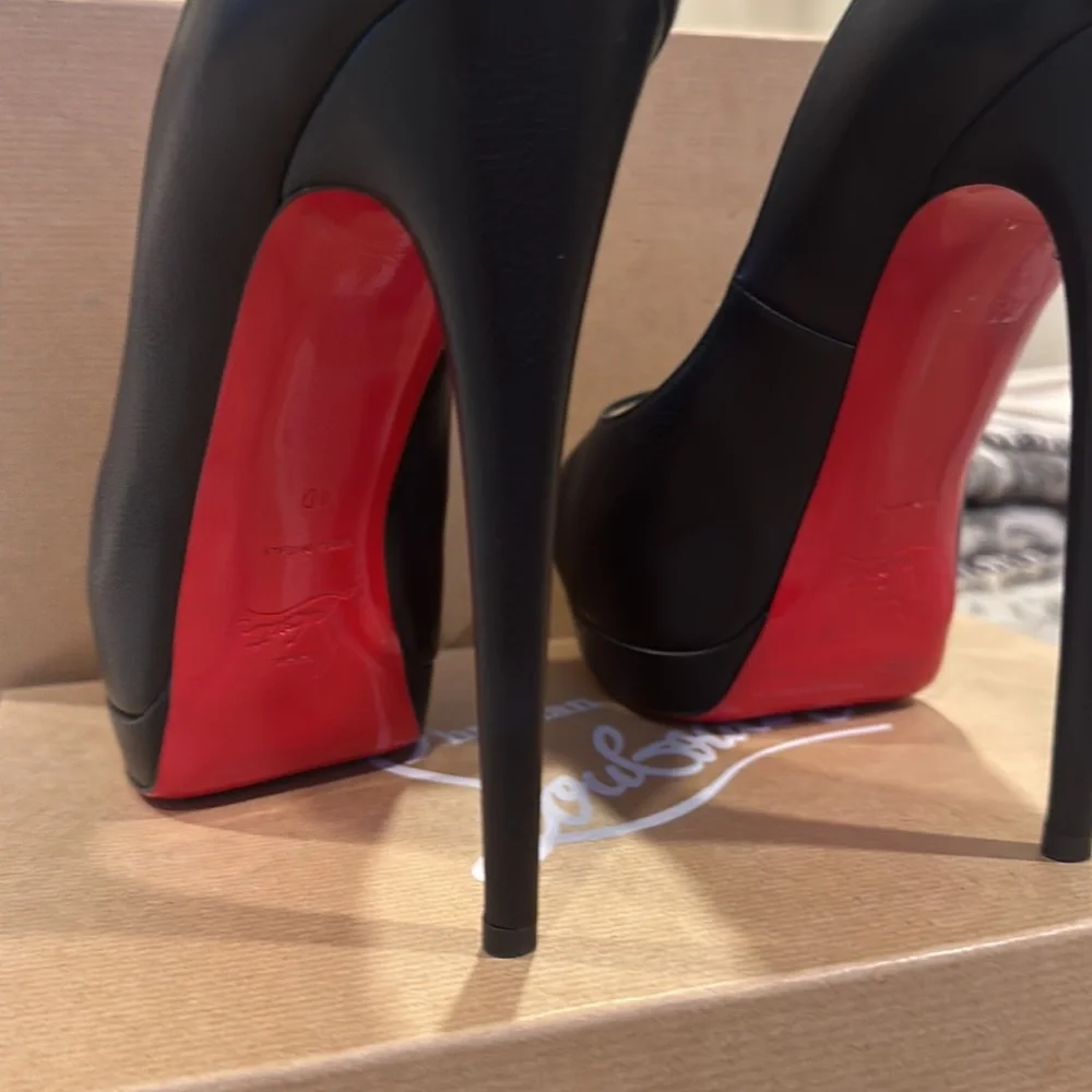 Christian Louboutin Black Leather Peep-Toe Platform Pumps with Red Soles