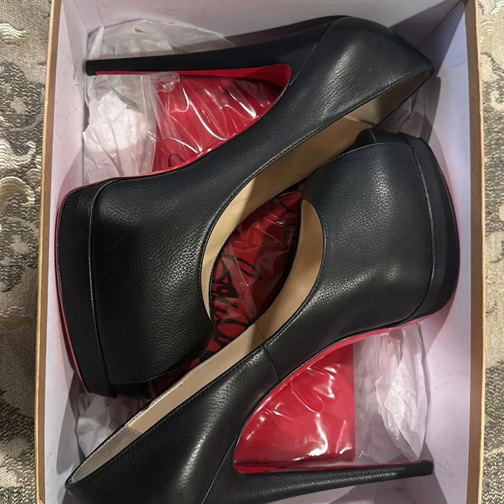 Christian Louboutin Black Leather Peep-Toe Platform Pumps with Red Soles