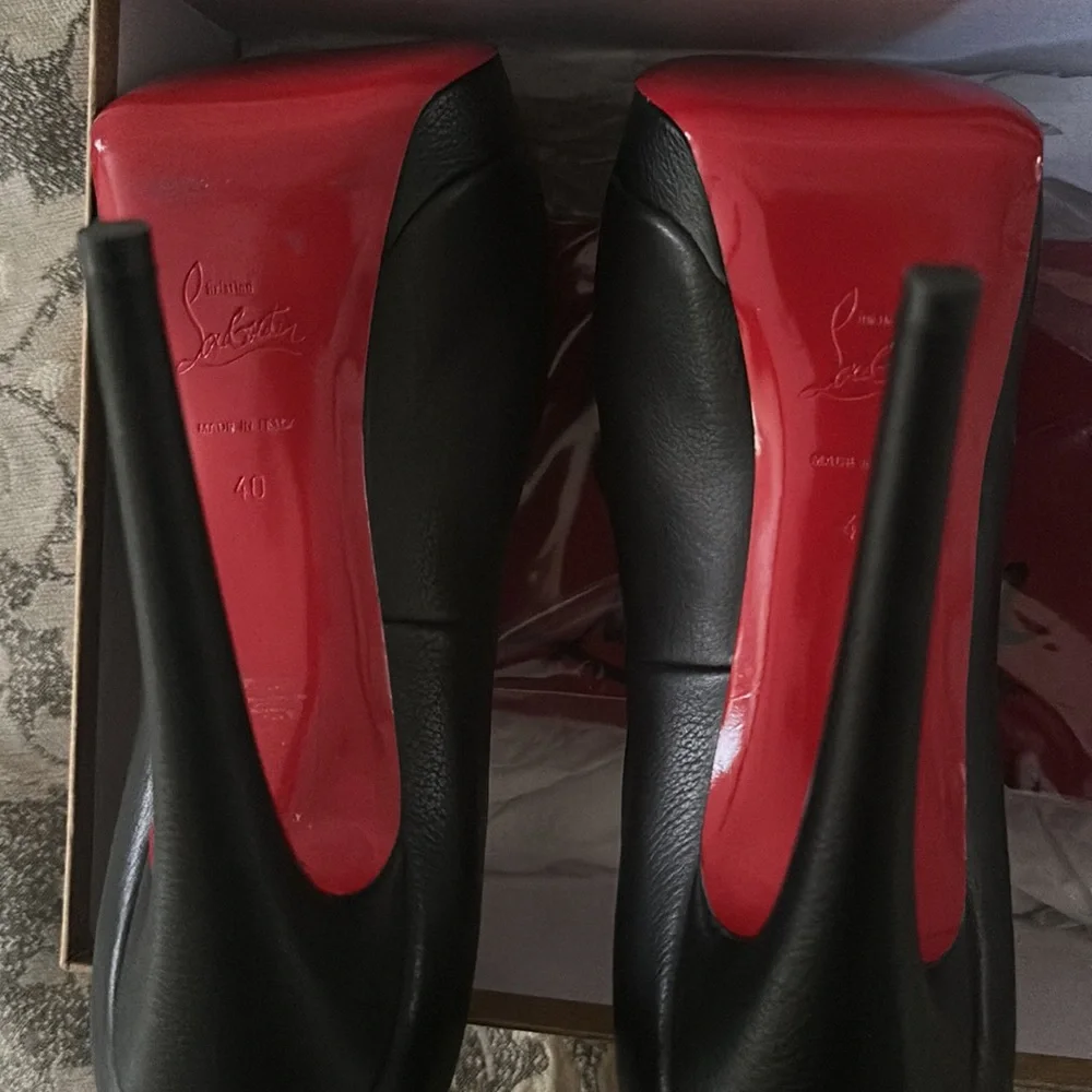 Christian Louboutin Black Leather Peep-Toe Platform Pumps with Red Soles