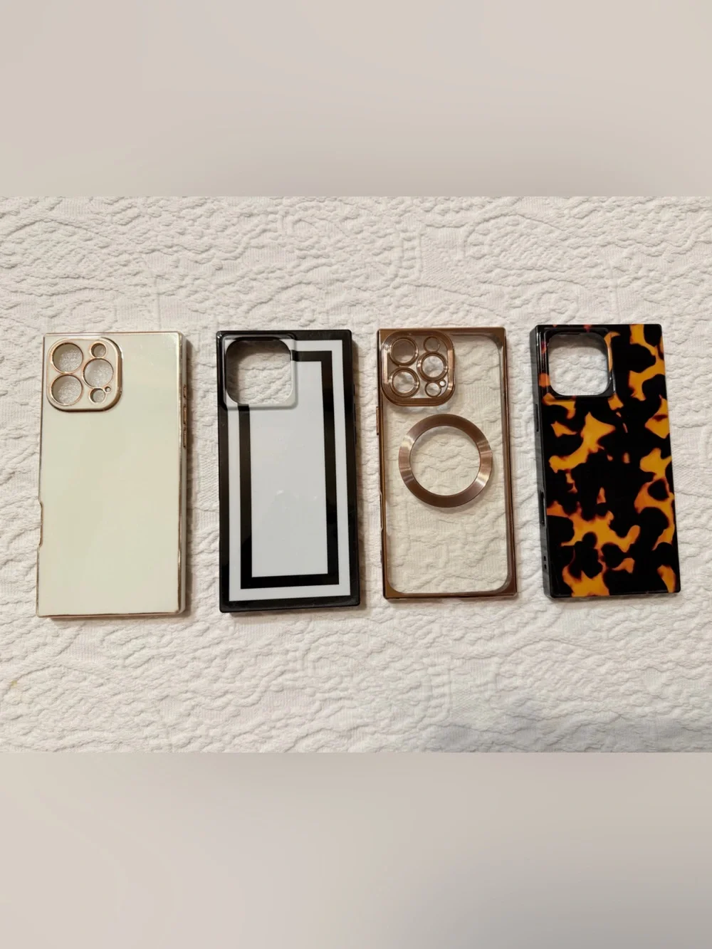 iPhone 16 Pro Max Square phone cases set. Tortoise, Clear, Geometric, White