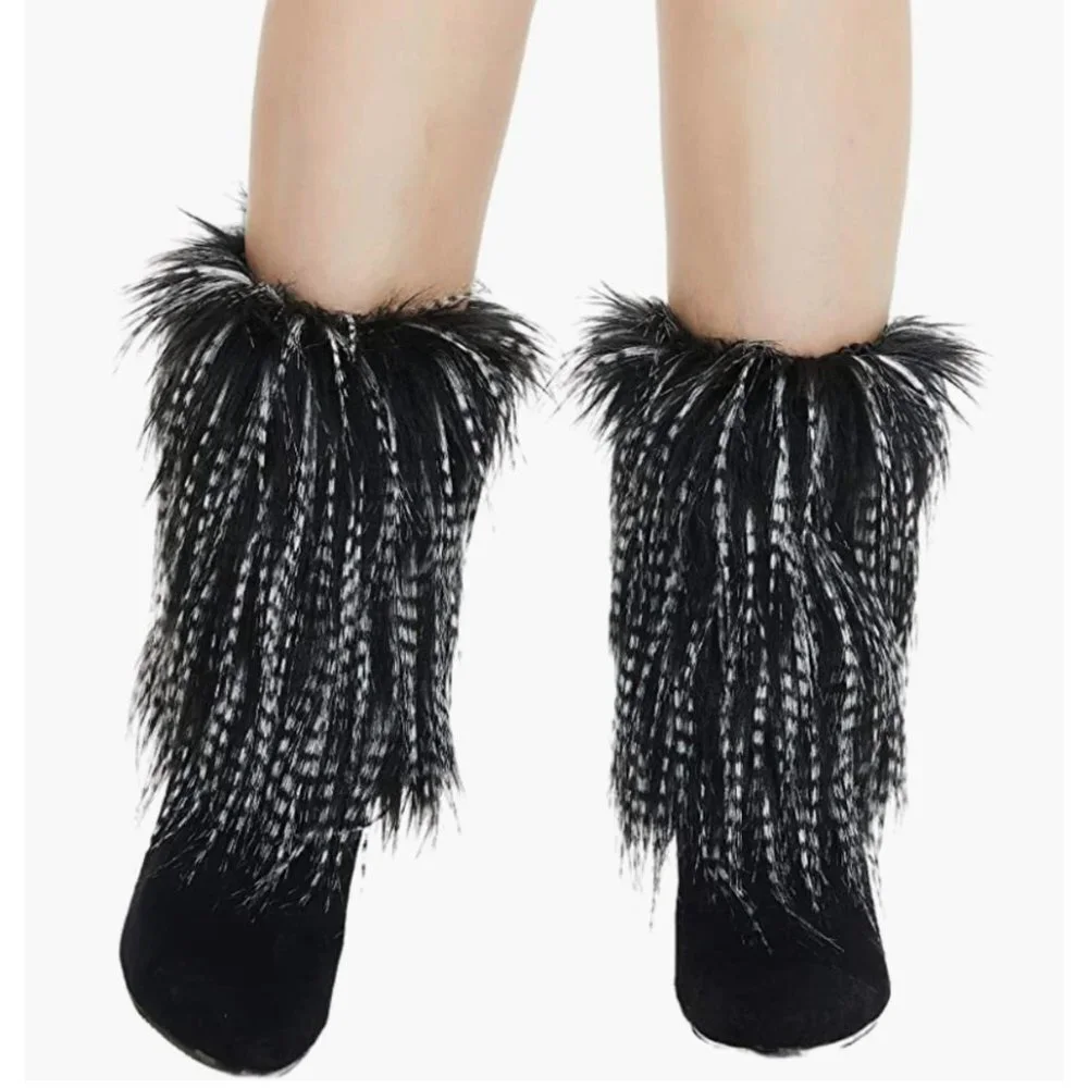 Black & White Fuzzy Faux Fur Feather Cuff Boot Covers Leg Warmer Socks‎