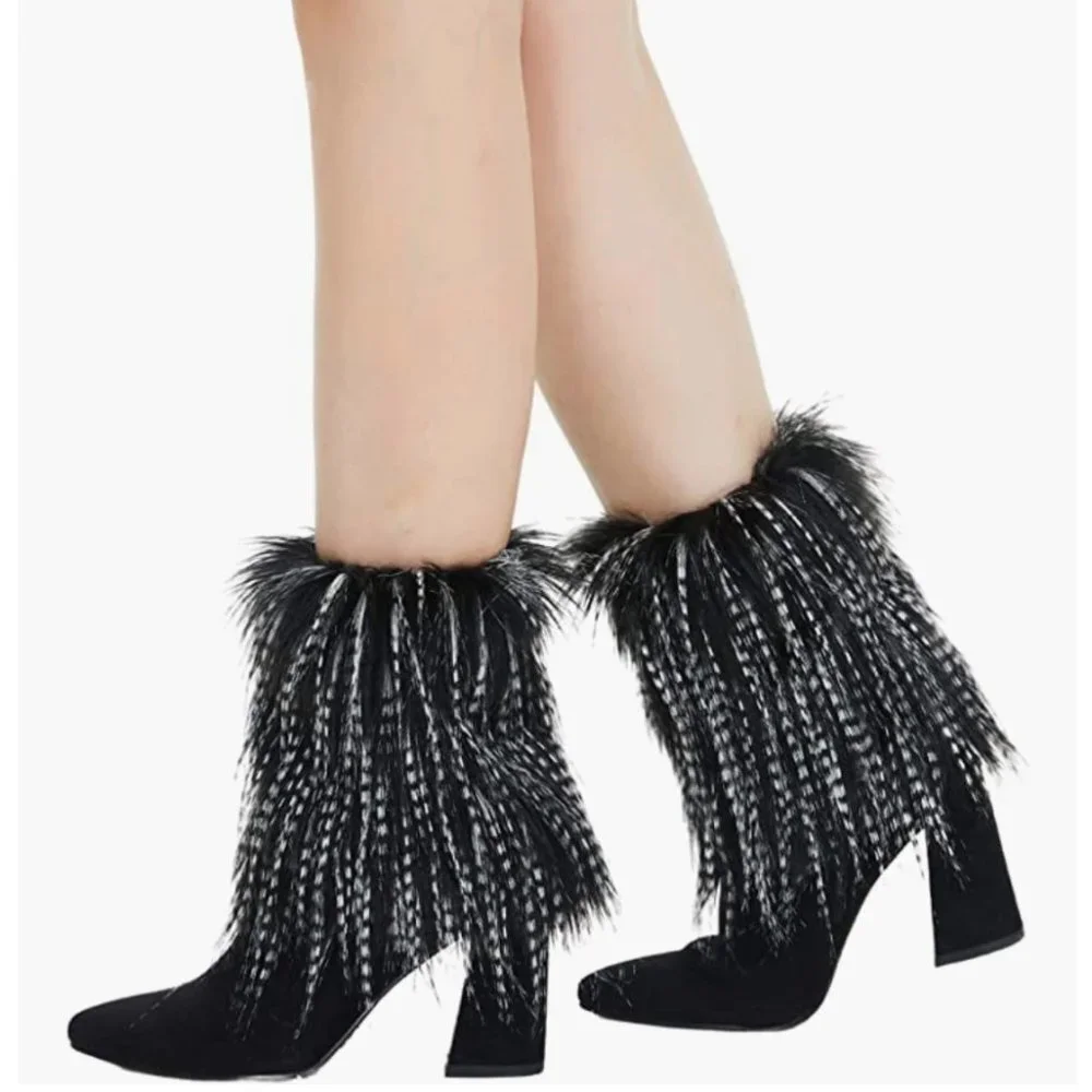 Black & White Fuzzy Faux Fur Feather Cuff Boot Covers Leg Warmer Socks‎