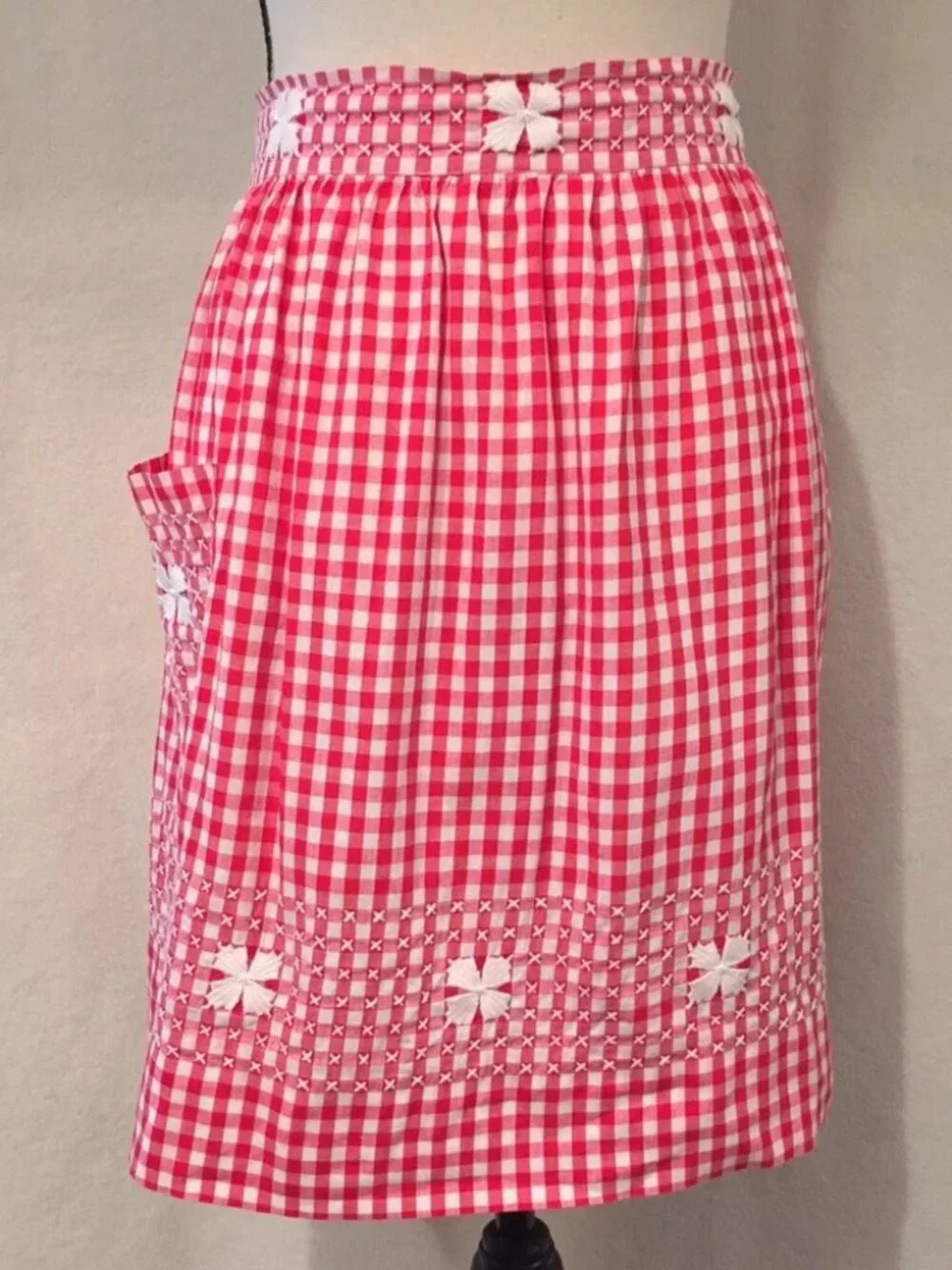 Vintage hand made red & white gingham check half apron