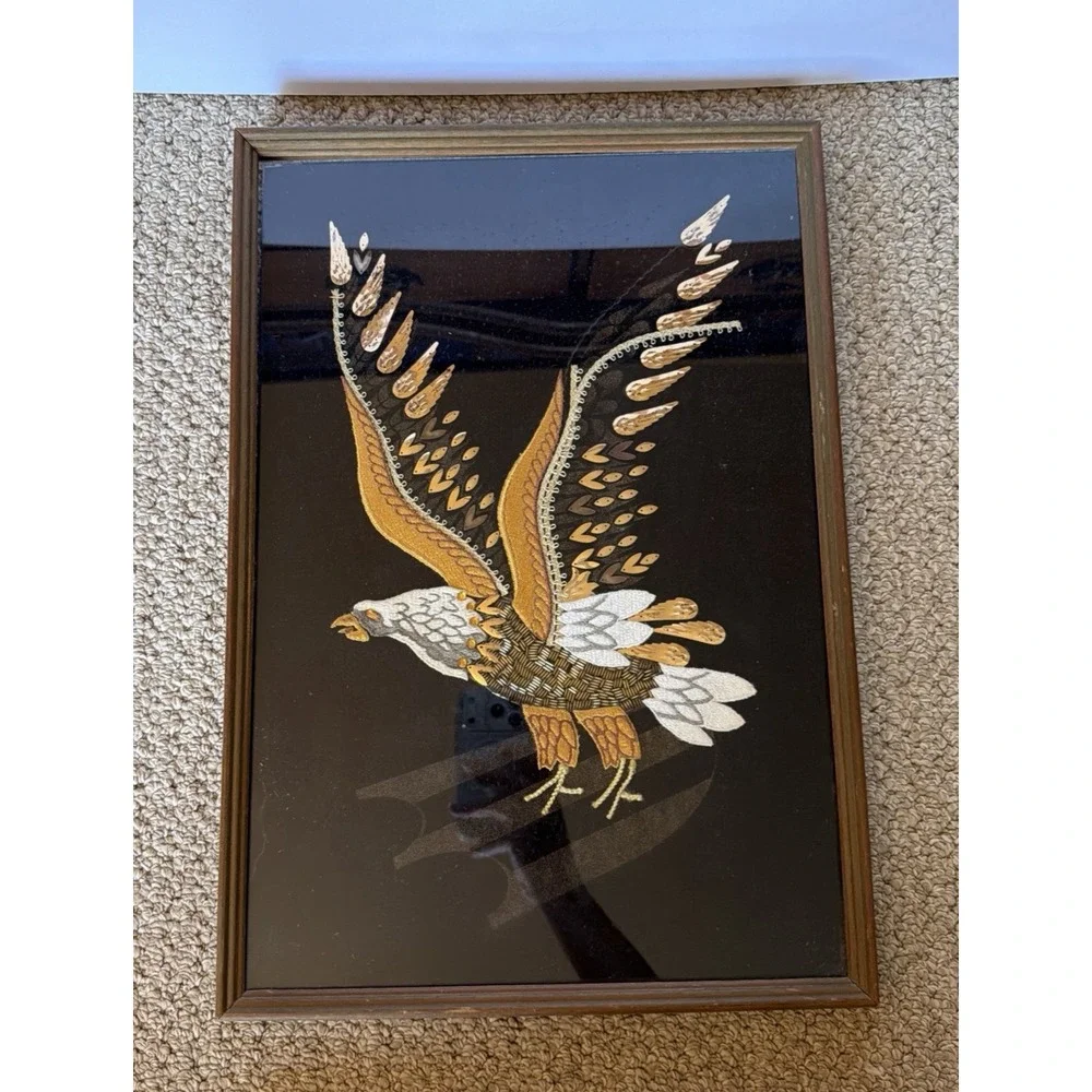 Velvet Bald Eagle Silk Screen Beaded Sequin Embroidered Applique Framed Wall Art
