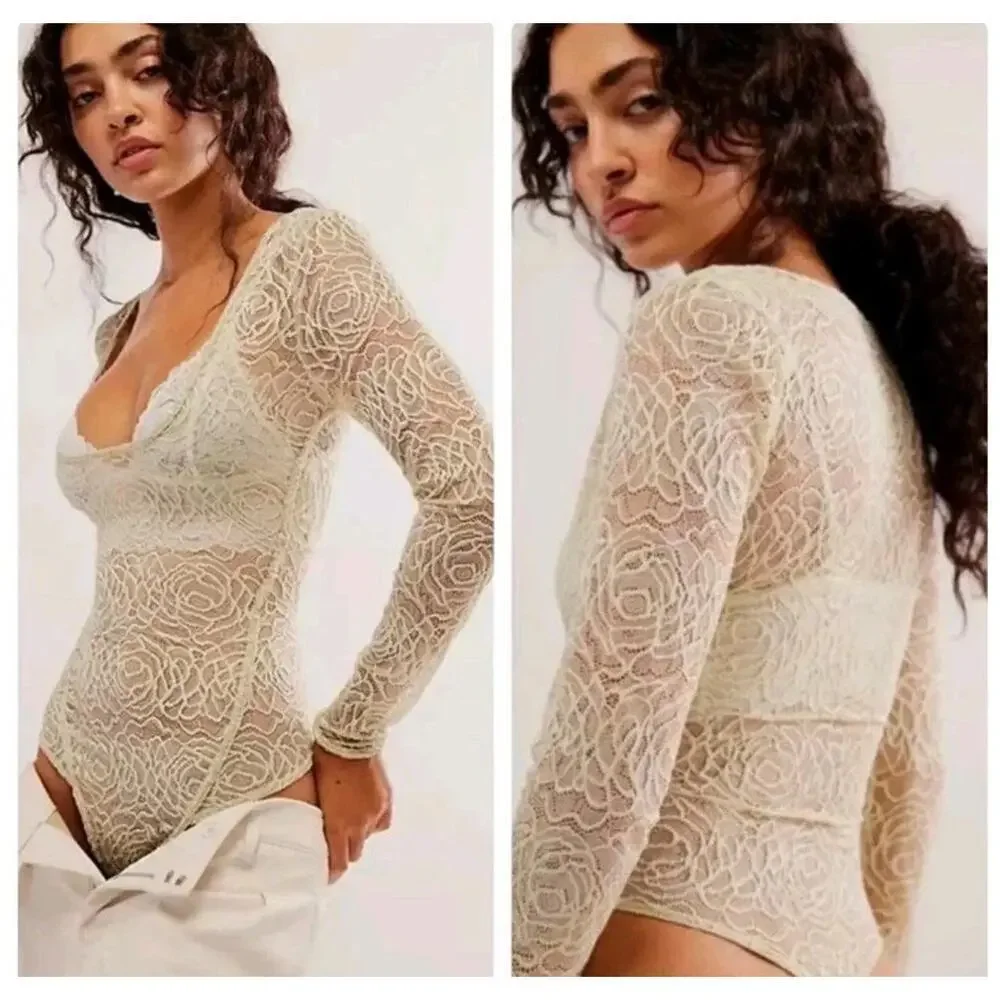 Free People Intimately In My Head Lace Bodysuit Size L Fern Moss Green Sheer