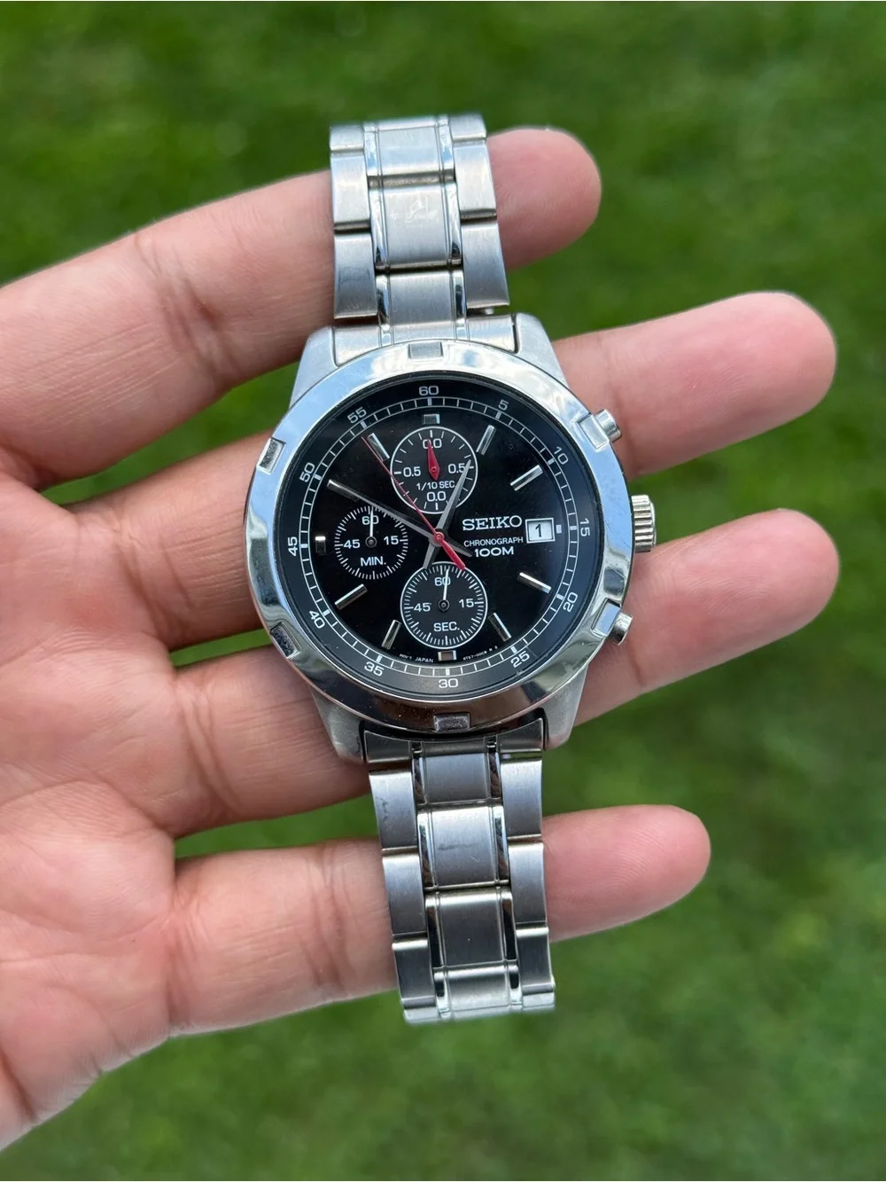 Seiko Black Dial Stainless Steel Chronograph Watch Mens