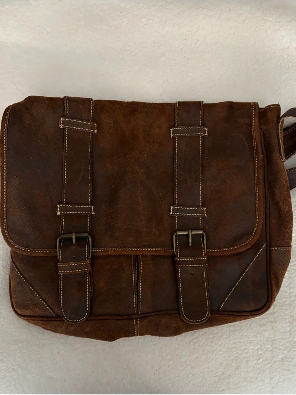 Suede Leather Messenger Bag - Brown