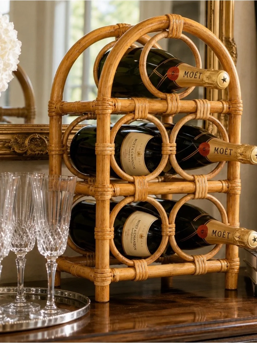 Vintage Rattan Wine Rack Bottle Holder | Holds 5 Bottles