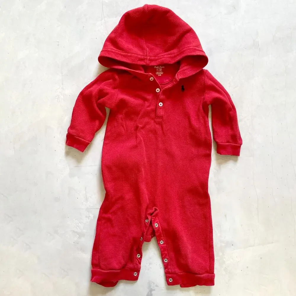 Ralph Lauren Preppy Baby Academia Red Waffle Knit‎ Hooded Henley Romper 9M
