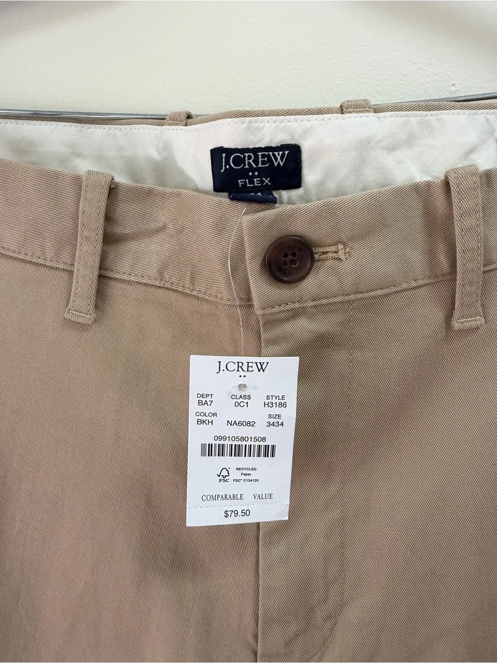 J.Crew Men’s Khaki Flex  Pants 34W x34 L Flex Straight Cotton Twill Flat Front
