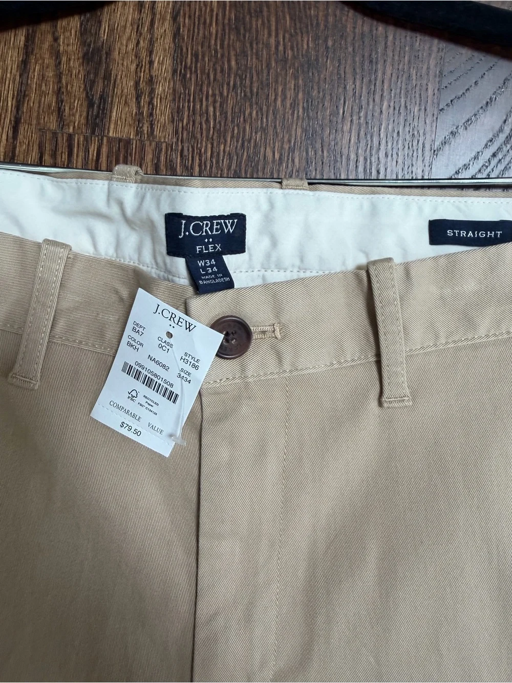 J.Crew Men’s Khaki Flex  Pants 34W x34 L Flex Straight Cotton Twill Flat Front
