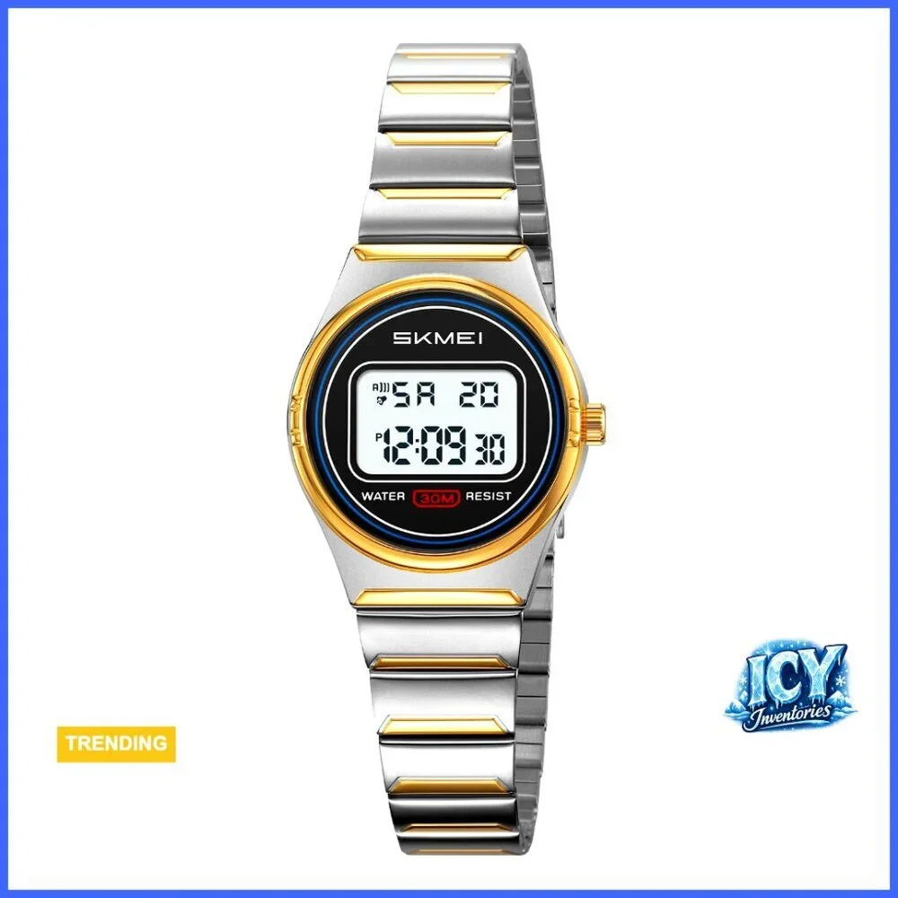 Stainless Steel Digital Watch Waterproof 30M Quartz Movement Alarm Stopwatch