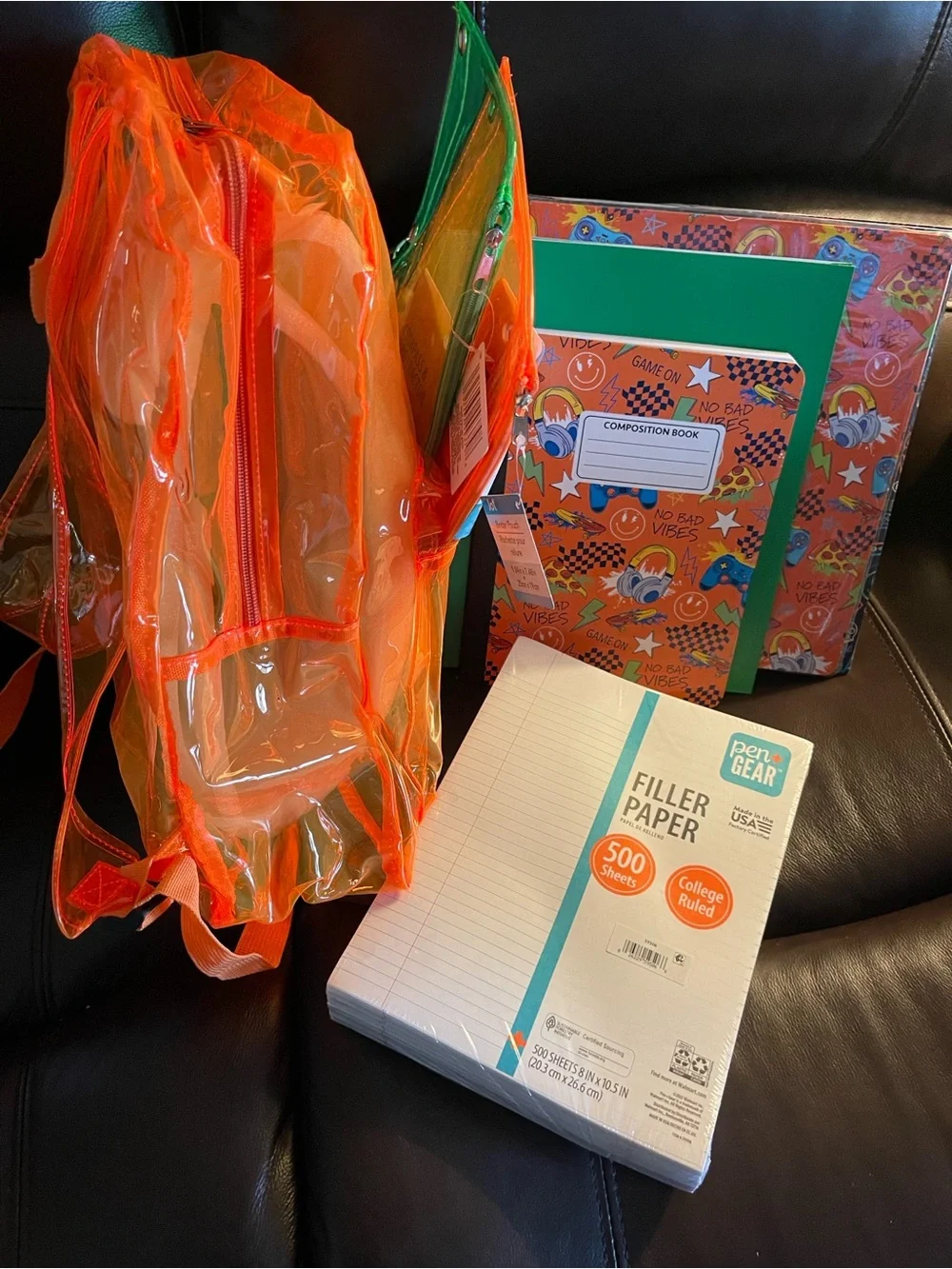 Neon Orange Clear Backpack with School Supplies