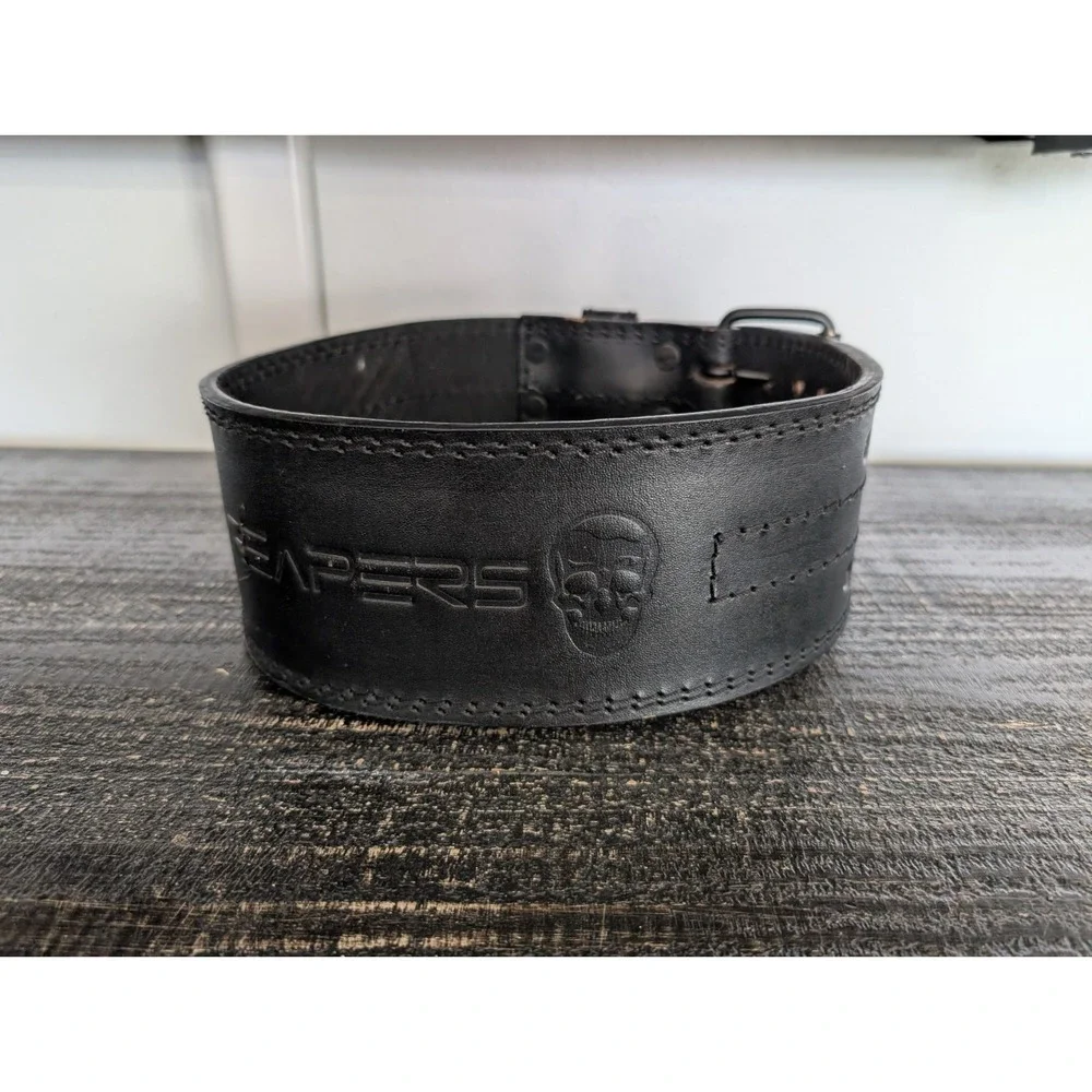 Gymreapers 6mm Weightlifting Black Leather Belt With Double Prong Buckle Large