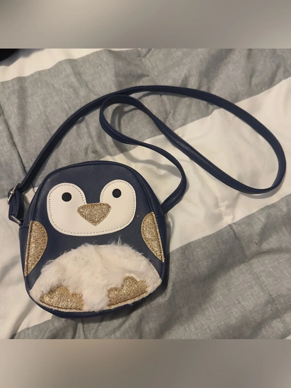 Navy Penguin Crossbody Bag with Gold Glitter & White Fur