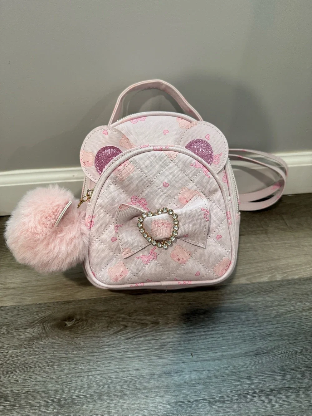 Othr Pink Quilted Teddy Mini Backpack with Pom Pom
