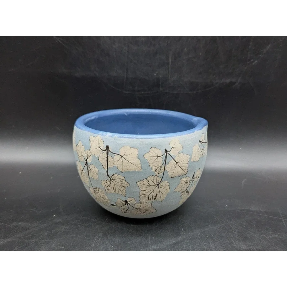 Vintage Wizards Of Clay Studio Art Pottery Impressed Leaf Blue Batter Bowl 5