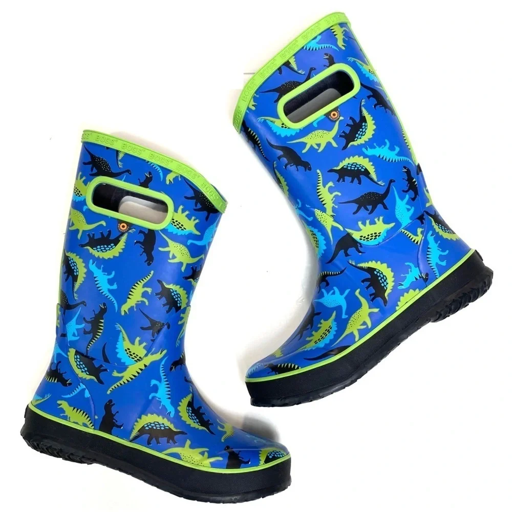 Bogs Paddle at Dino Dinosaurs Print Knee high Rain Boot Blue Size 4 Youth NWOT