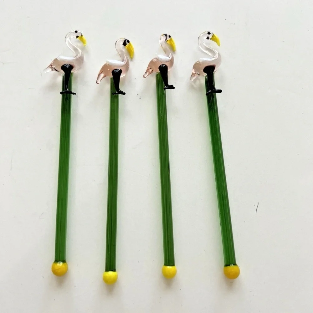 Pink Flamingo Swizzle Sticks Four blown Art Glass 5 3/4