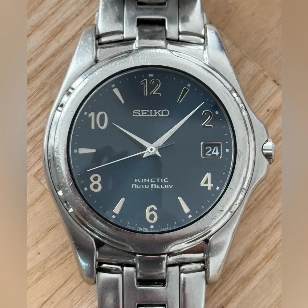 Seiko Kinetic Relay Automatic Vintage Watch Stainless Bracelet Blue Dial Date