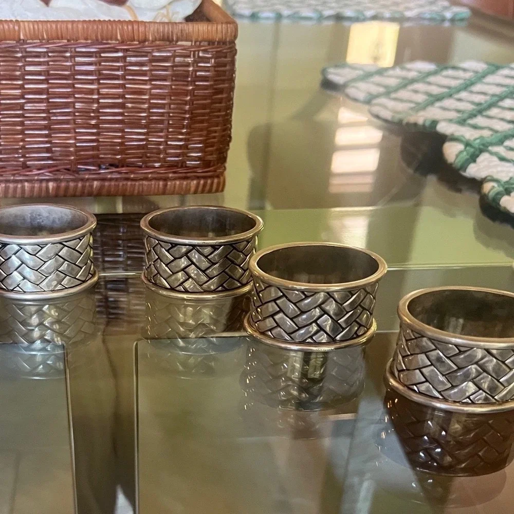 Equestrian Braid Napkin Rings Set of 6 Silver Tone Basketweave Ralph Style