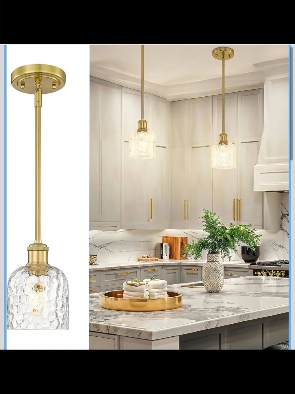 Zeyu 1-Light Kitchen Pendant Light - Vintage Hammered Glass & Gold - New in Box