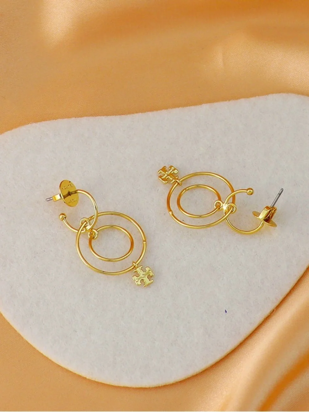 Tory Burch Gold Double Hoop Drop Earrings with Logo Charm