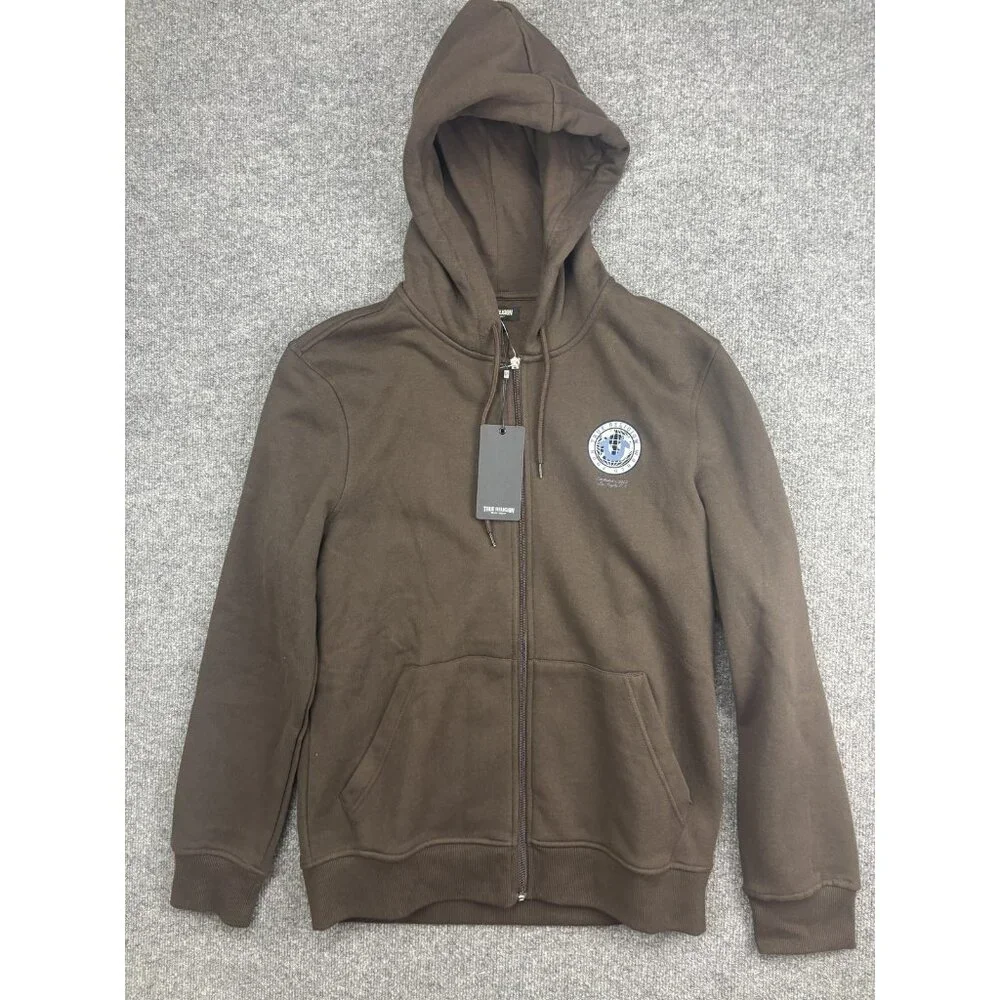 True Religion Hoodie Mens Medium Brown Full Zip Fleece Sweatshirt Buddha Graphic