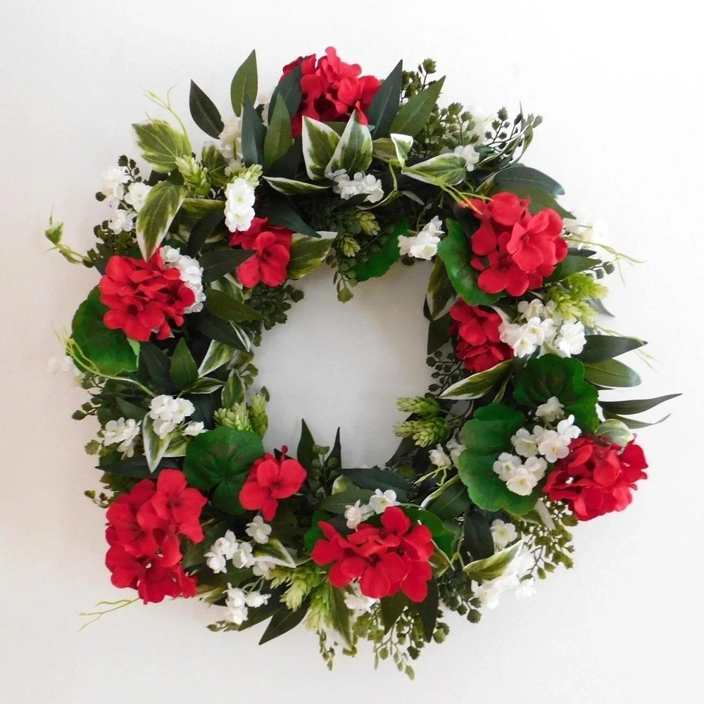 Handmade Red Geranium and‎ whites Wreath for Front Door Spring Summer Gift