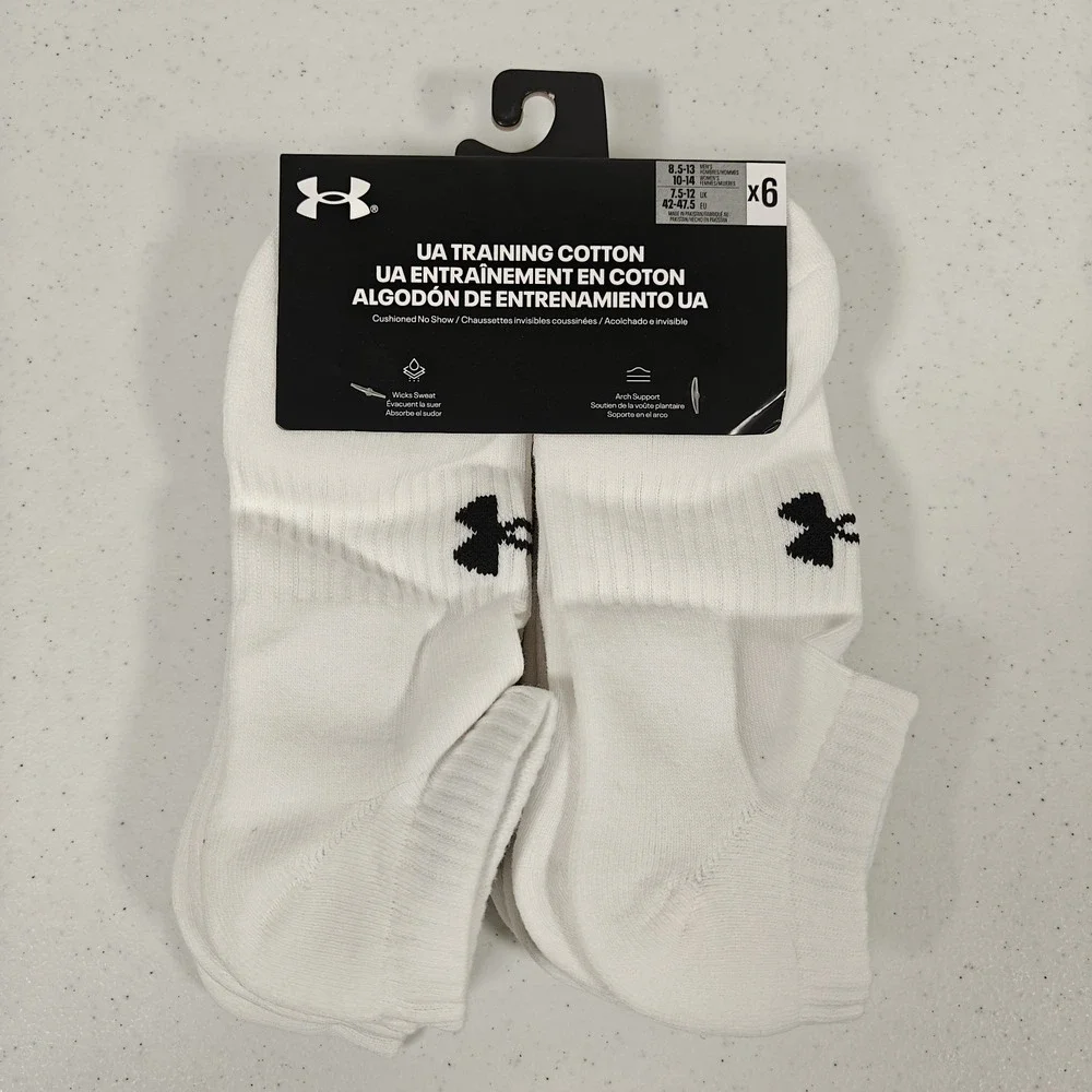 UNDER ARMOUR Men's 8.5-13 Training Cotton Cushioned No Show Socks 6-Pairs WHITE