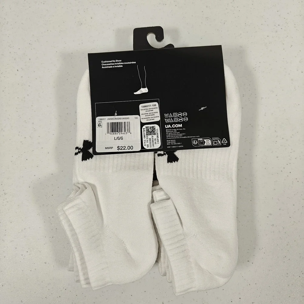 UNDER ARMOUR Men's 8.5-13 Training Cotton Cushioned No Show Socks 6-Pairs WHITE