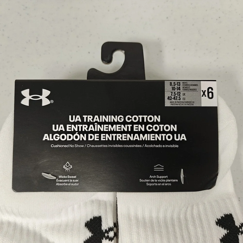 UNDER ARMOUR Men's 8.5-13 Training Cotton Cushioned No Show Socks 6-Pairs WHITE