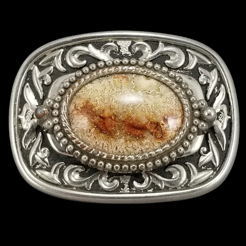 Western‎ Native American Style Oval Belt Buckle with Agate Stone Silver Tone