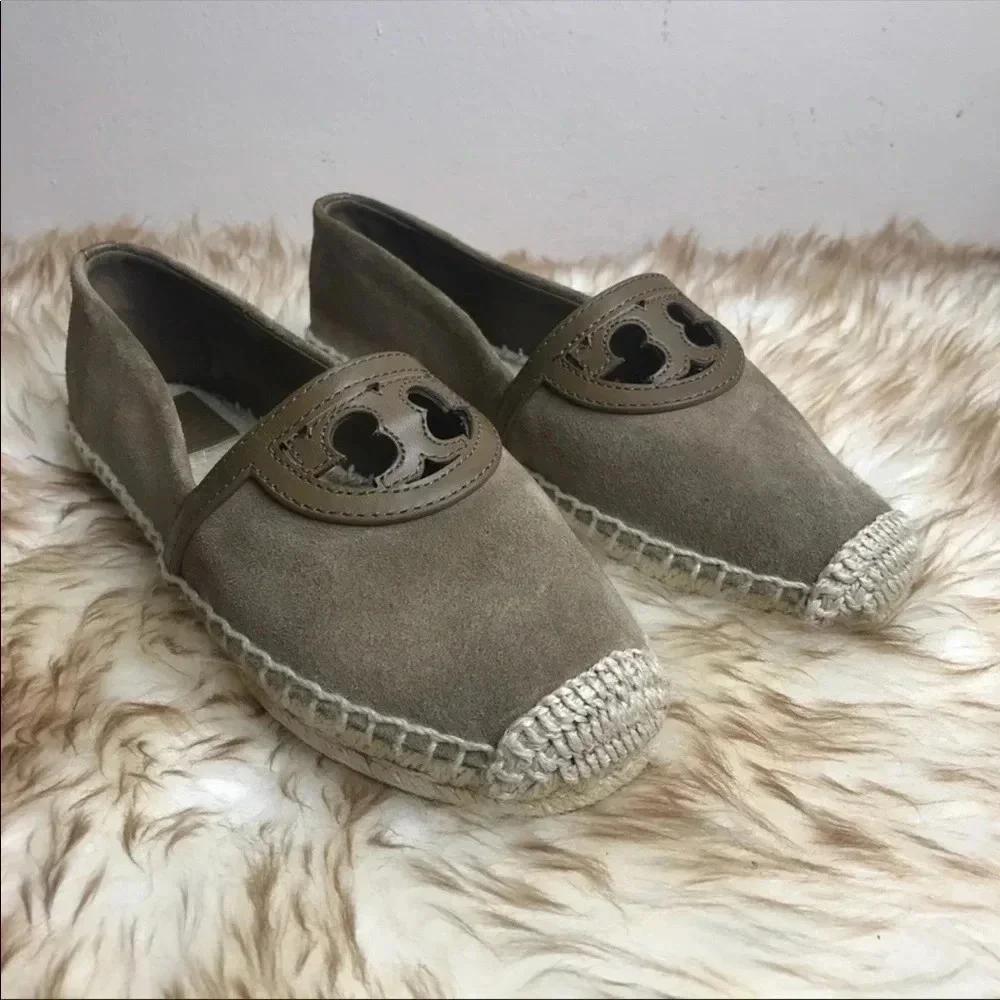 Tory Burch Sydney Espadrilles Flats Slip On Suede Leather Large Logo Olive Green
