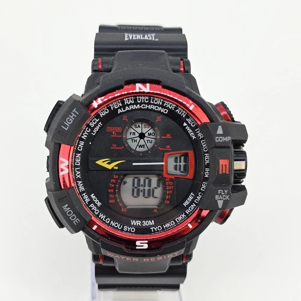 Everlast Sport Digital‎ Men's Watch 52MM Black Case Plastic Bands New Battery