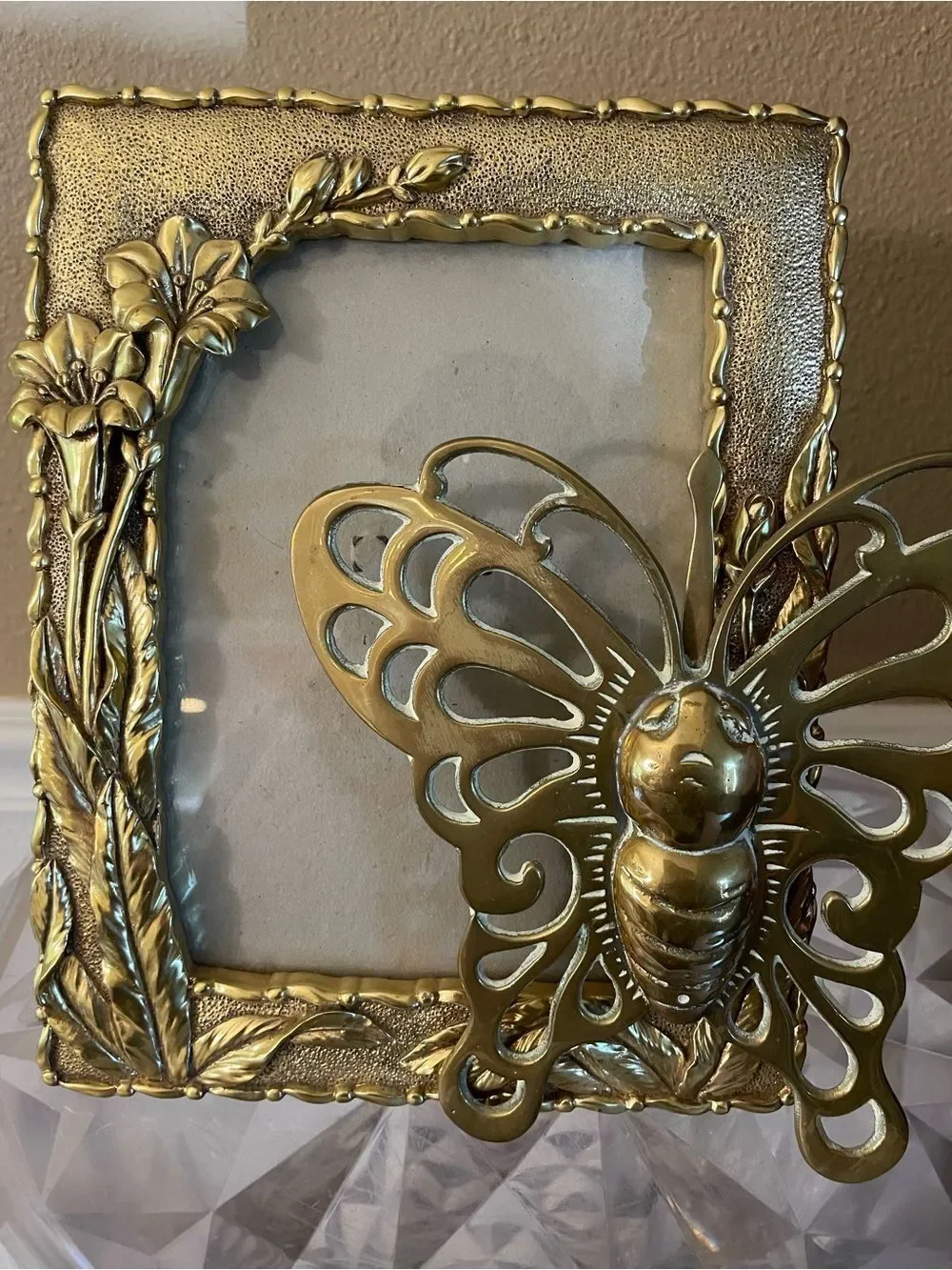 Gorgeous Brass Solid Butterfly and Gold Metal 5x7 Picture Frame