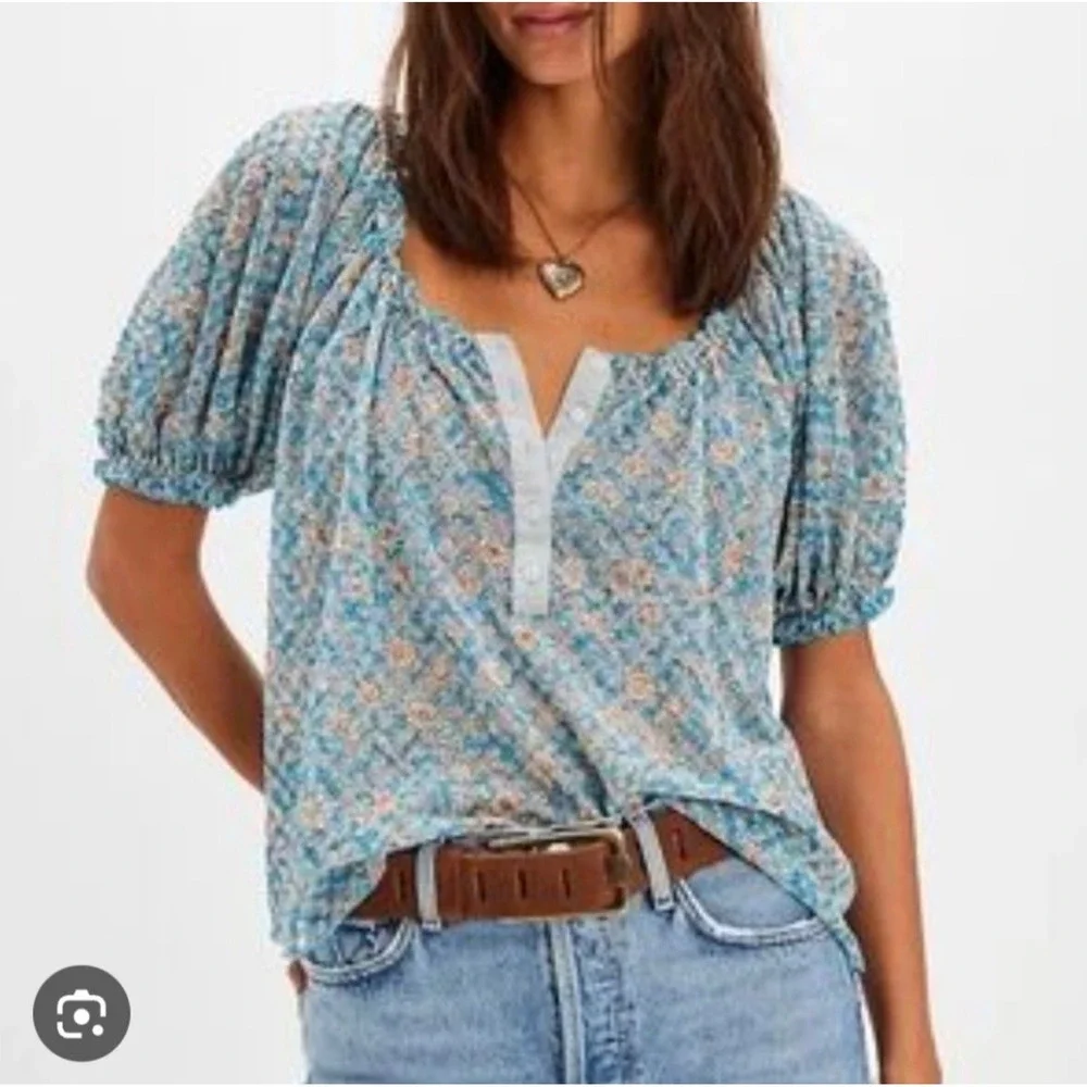 Free People Blue Floral Puff Sleeve‎ Henley Top Square Neck Boho Small