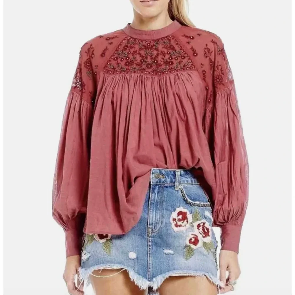 Free People Size XS Have It My Way Top Beaded Tie‎ Back Peasant Pink Boho Fairy