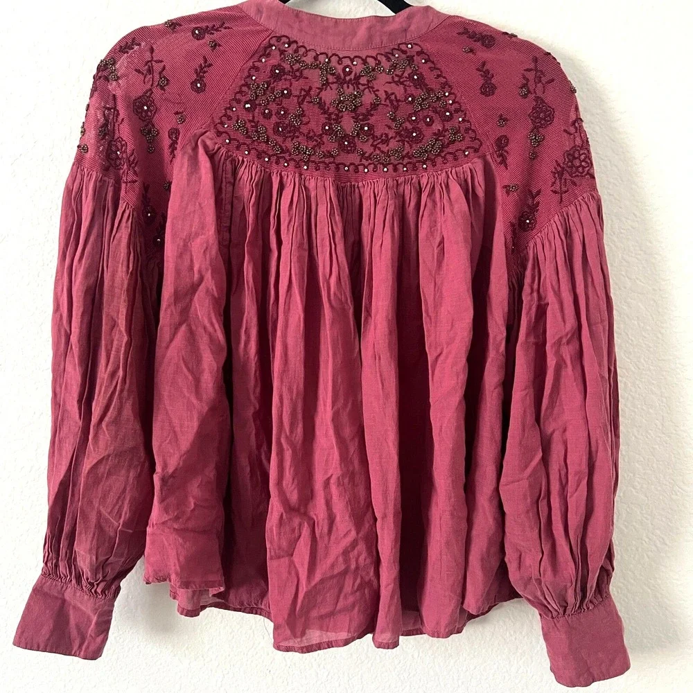 Free People Size XS Have It My Way Top Beaded Tie‎ Back Peasant Pink Boho Fairy