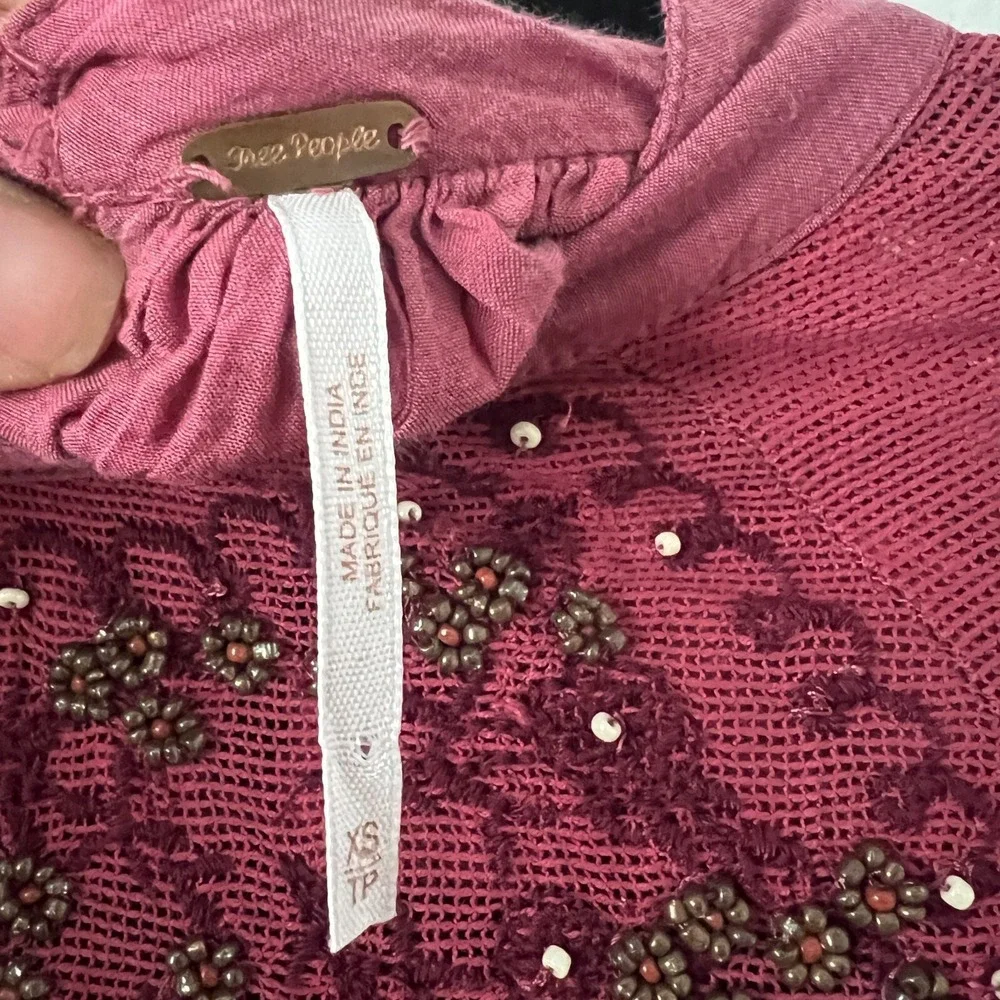 Free People Size XS Have It My Way Top Beaded Tie‎ Back Peasant Pink Boho Fairy