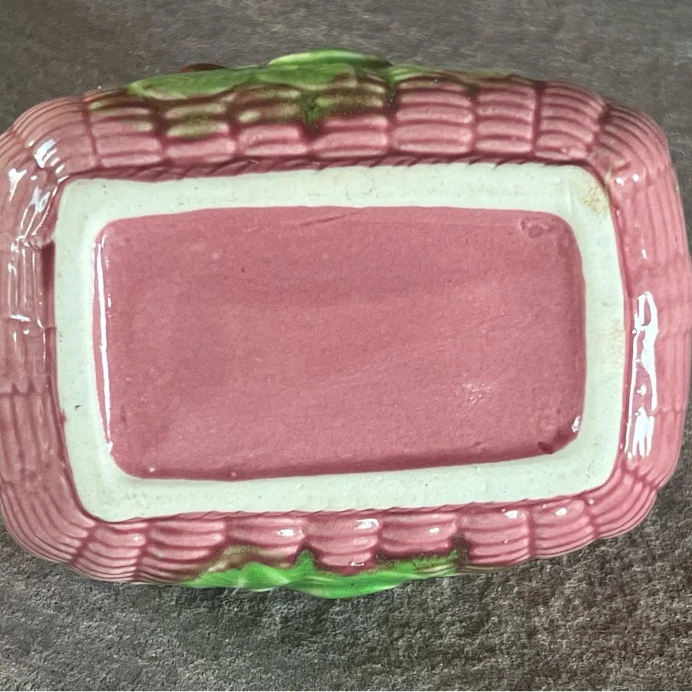 Unique Majolica Pink pottery woven basket w Strawberries