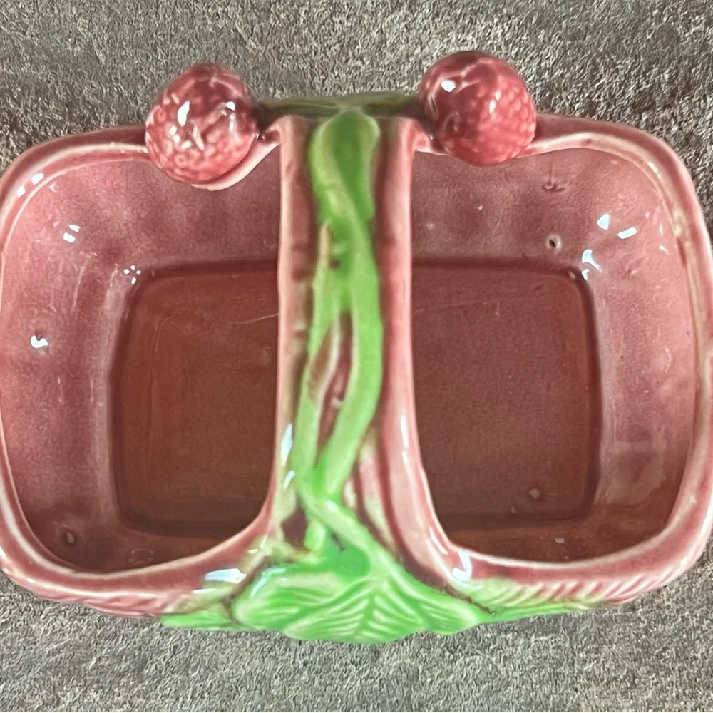 Unique Majolica Pink pottery woven basket w Strawberries